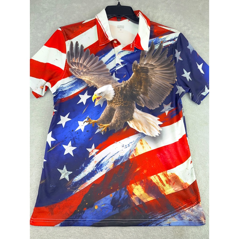 Celebrate Together Mens‎ Medium American Flag Bald Eagle Patriotic Polo Shirt